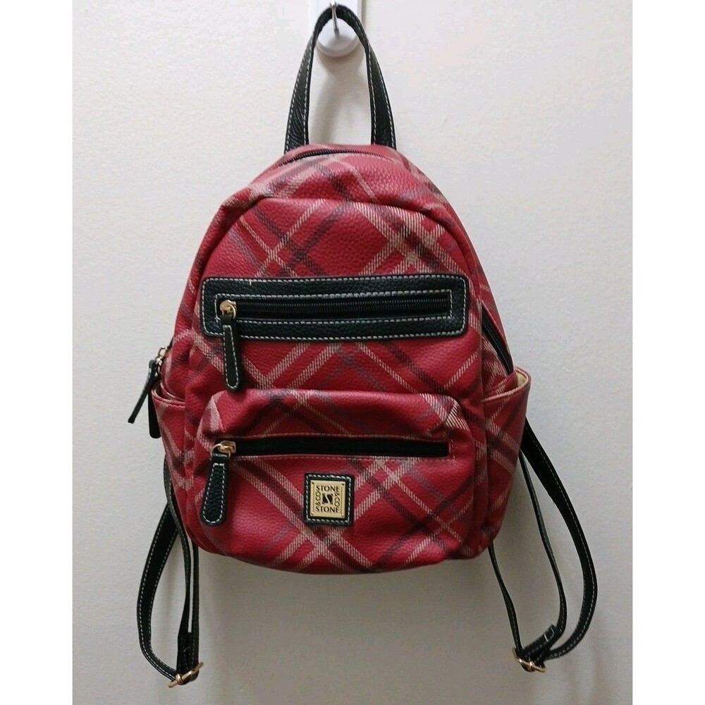 Stone & Co. Mini Plaid Backpack Red Plaid Black Straps Gold Inside